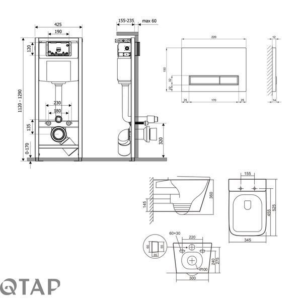 Готове рішення Qtap для ванної кімнати: підвісний унітаз Tern + комплект інсталяції Nest 4 в 1 (лінійна клавіша Chrome) SD00053634 фото