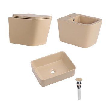 Комплект Qtap Tern Beige 3 в 1: підвісний унітаз Ultra Quiet + біде підвісне + раковина накладна QTTERSB49163 SD00055287 фото