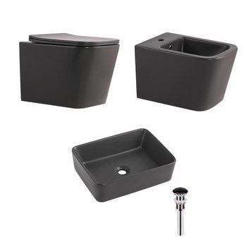 Комплект Qtap Tern Anthracite 3 в 1: підвісний унітаз Ultra Quiet + біде підвісне + раковина накладна QTROBAN49157 SD00055285 фото