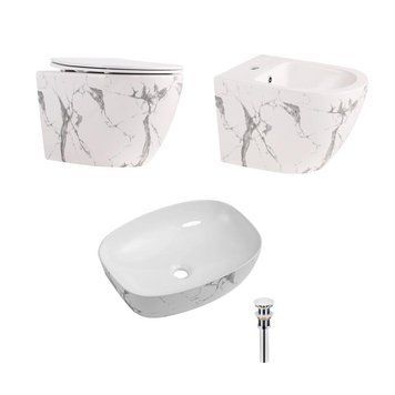 Комплект Qtap Robin Marble 3 в 1: підвісний унітаз Ultra Quiet + біде підвісне + раковина накладна QTROBMR49160 SD00055284 фото