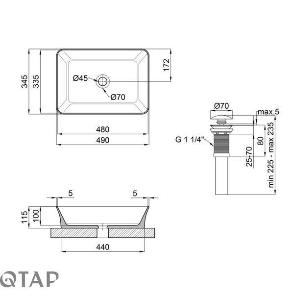 Комплект Qtap Virgo: Раковина накладна прамокутна 490х350х110 мм White + Донний клапан PU02 SD00053429 фото