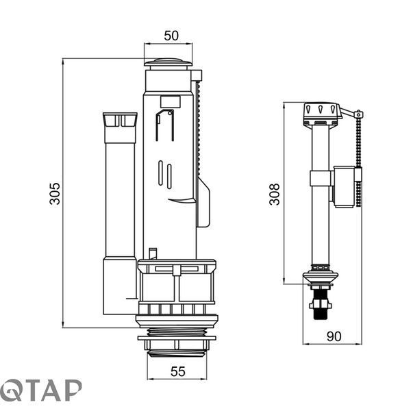 Qtap HY3 (Nando) комплект арматуры для бачка унитаза с двойной круглой кнопкой смыва 4,8 см и клапаном нижней подачи воды, 3/6L CHR SD00052242 фото