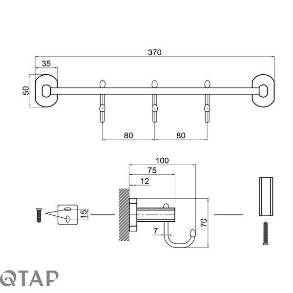 Тримач для рушника Qtap Liberty 3 гачка 365 мм QTLIBCRM11543 Chrome SD00031715 фото
