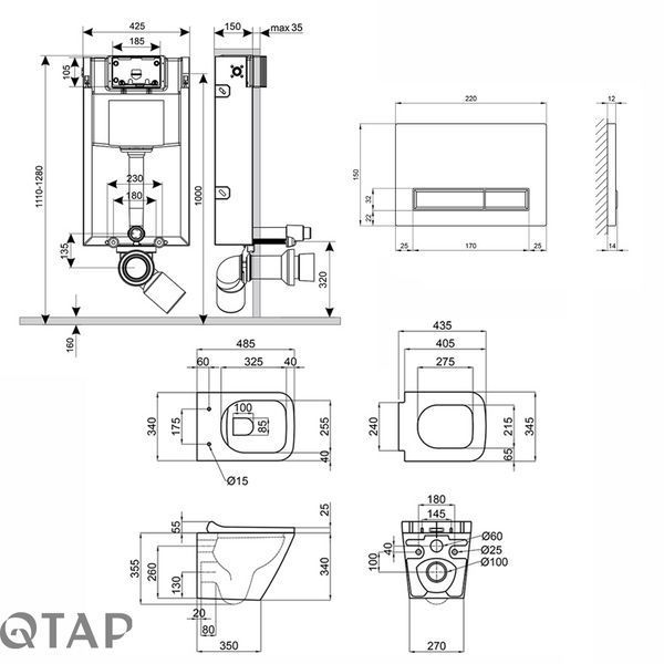 Готовое решение Qtap для ванной комнаты: подвесной унитаз Tern Rimless + комплект инсталляции Nest 4 в 1 (линейная клавиша Chrome) SD00043018 фото