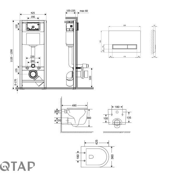 Готовое решение Qtap для ванной комнаты: подвесной унитаз Taurus Ultra Quiet + комплект инсталляции Nest 4 в 1 (линейная клавиша White) SD00052273 фото