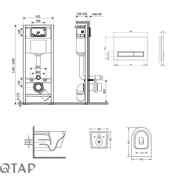 Готове рішення Qtap для ванної кімнати: підвісний унітаз Swan Ultra Quiet + комплект інсталяції Nest 4 в 1 (лінійна клавіша Black mat) SD00051277 фото