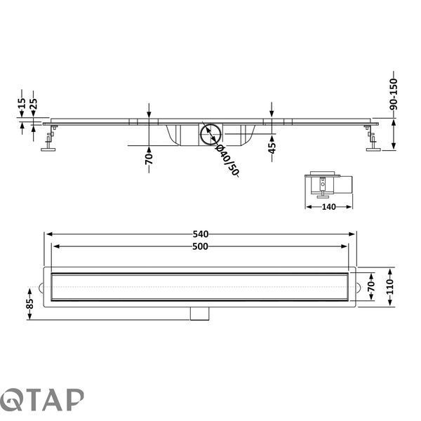 Трап із нержавіючої сталі Qtap Taurus Tile500 лінійний із сухим затвором під плитку SD00052798 фото
